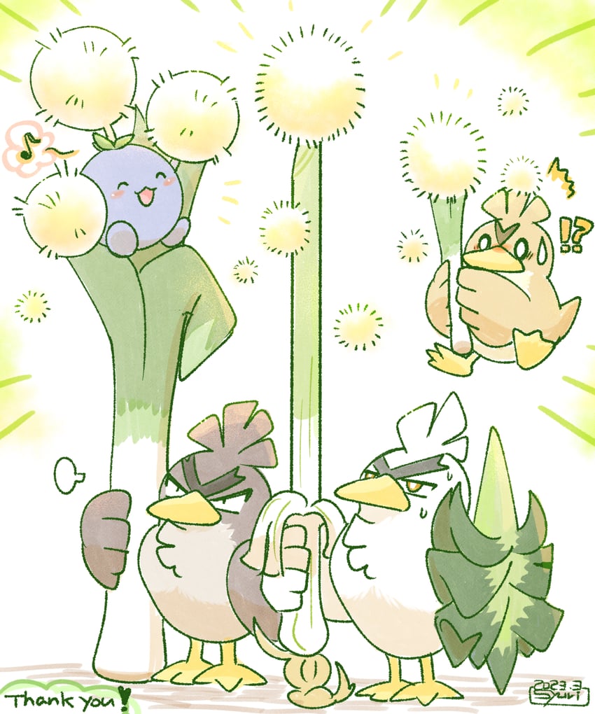 jumpluff, sirfetch'd, farfetch'd, and galarian farfetch'd (pokemon) drawn by shuri_(syurigame)