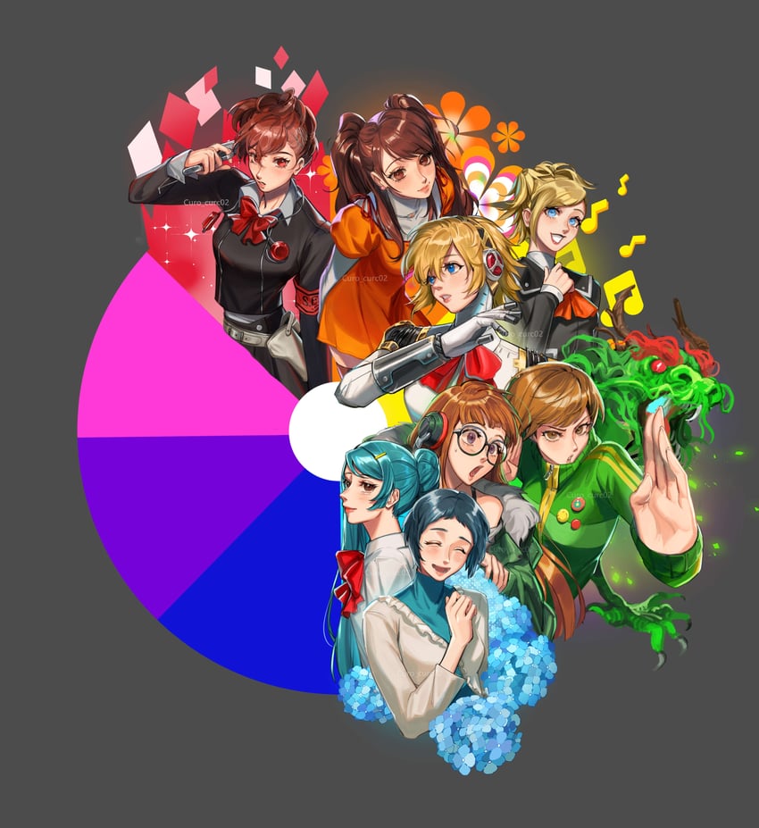 satonaka chie, aigis, kujikawa rise, shiomi kotone, sakura futaba, and 4 more (persona and 7 more) drawn by curo_(curo_02)