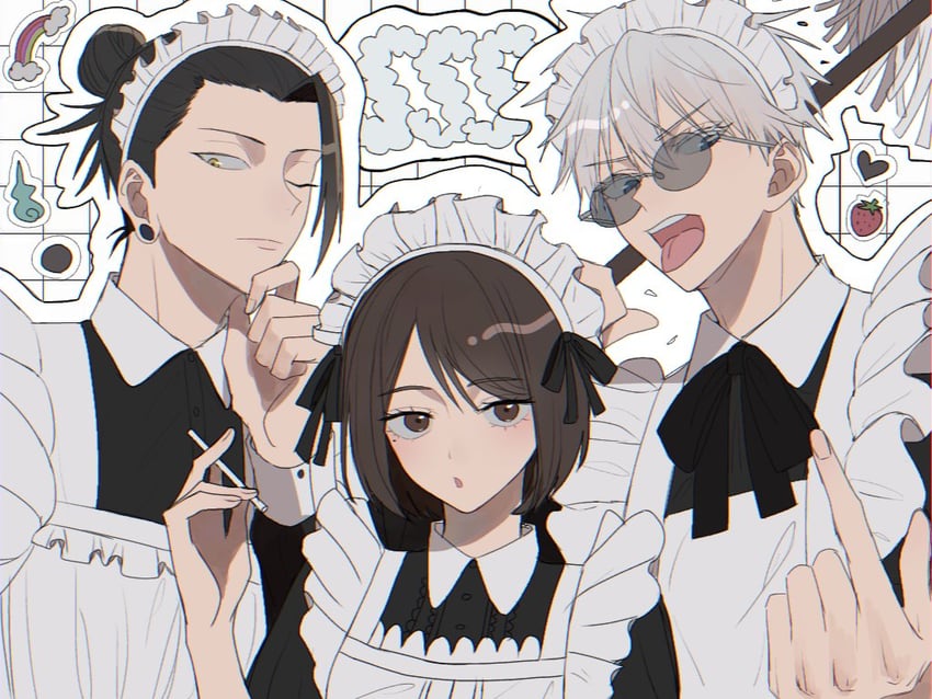 gojou satoru, getou suguru, and ieiri shoko (jujutsu kaisen) drawn by mahiru050421