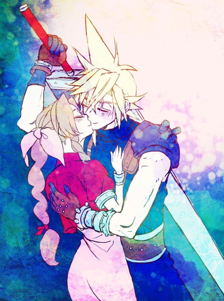 cloud strife and aerith gainsborough (final fantasy and 1 more) drawn by 39cva