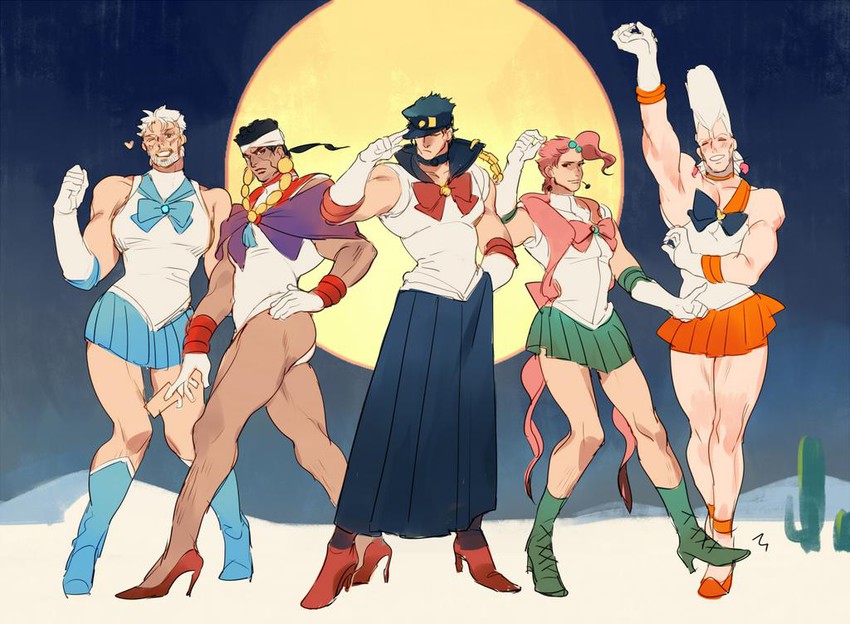 joseph joestar, kujo jotaro, sailor moon, kakyoin noriaki, jean pierre polnareff, and 7 more (jojo no kimyou na bouken and 2 more) drawn by rei_(sanbonzakura)