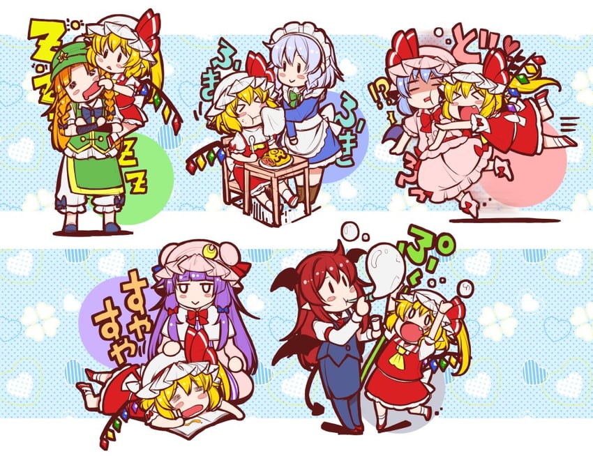 remilia scarlet, flandre scarlet, izayoi sakuya, patchouli knowledge, hong meiling, and 1 more (touhou) drawn by eichi_yuu