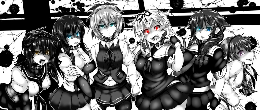 shigure, yuudachi, shigure kai ni, yuudachi kai ni, asashio, and 3 more (kantai collection) drawn by konoshige_(ryuun)