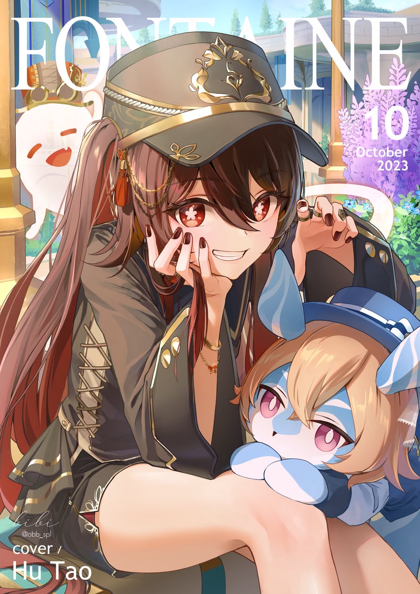 hu tao, boo tao, and trow (genshin impact) drawn by bibi_(obb_spl)