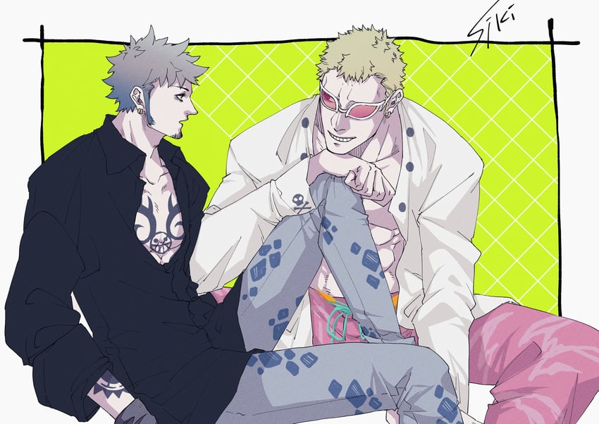 trafalgar law and donquixote doflamingo (one piece) drawn by sk_c_ii