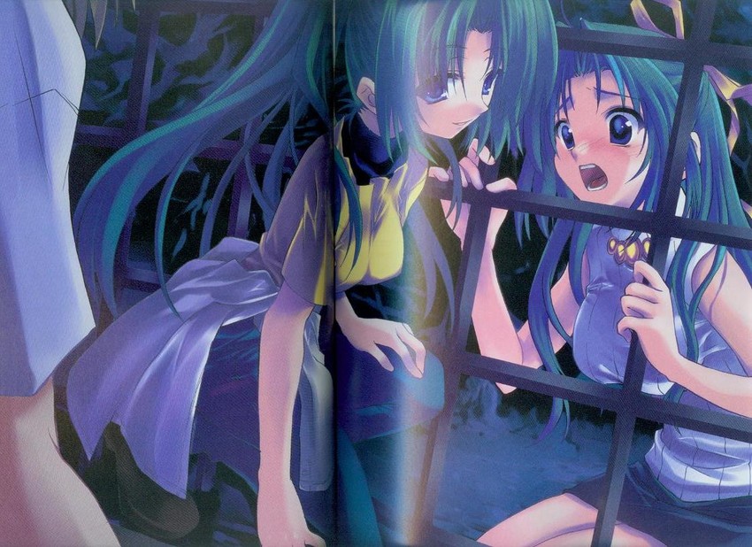 sonozaki mion, sonozaki shion, and maebara keiichi (higurashi no naku koro ni and 2 more) drawn by ariko_youichi