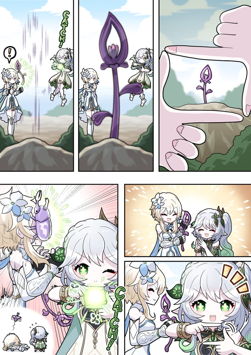 lumine, nahida, and onikabuto (genshin impact) drawn by amairo_zanmei