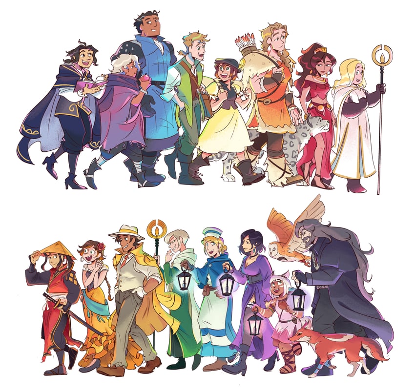 therion, tressa colzione, ophilia clement, primrose azelhart, cyrus albright, and 11 more (octopath traveler and 2 more) drawn by softandworm