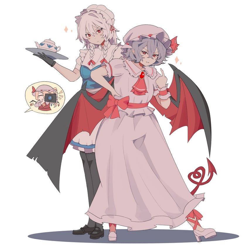 remilia scarlet, flandre scarlet, and izayoi sakuya (touhou) drawn by grimlisp