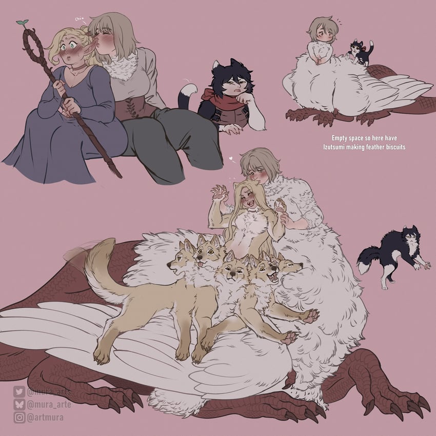 marcille donato, falin touden, and izutsumi (dungeon meshi) drawn by murasaki-yuri