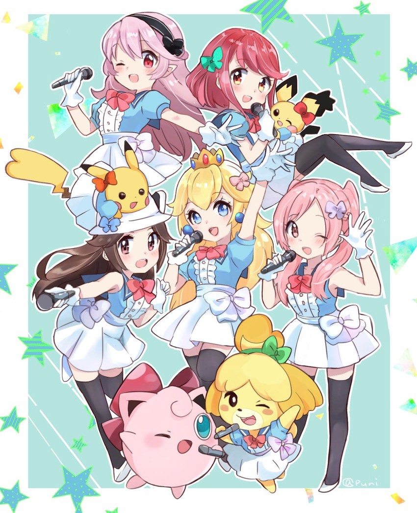 pikachu, pyra, princess peach, female corrin, leaf, and 5 more (pokemon and 10 more) drawn by puni_y_y