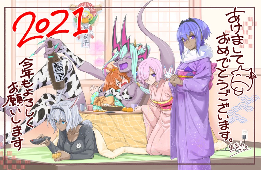 mash kyrielight, fujimaru ritsuka, hassan of serenity, caenis, and ibuki douji (fate and 3 more) drawn by torichamaru