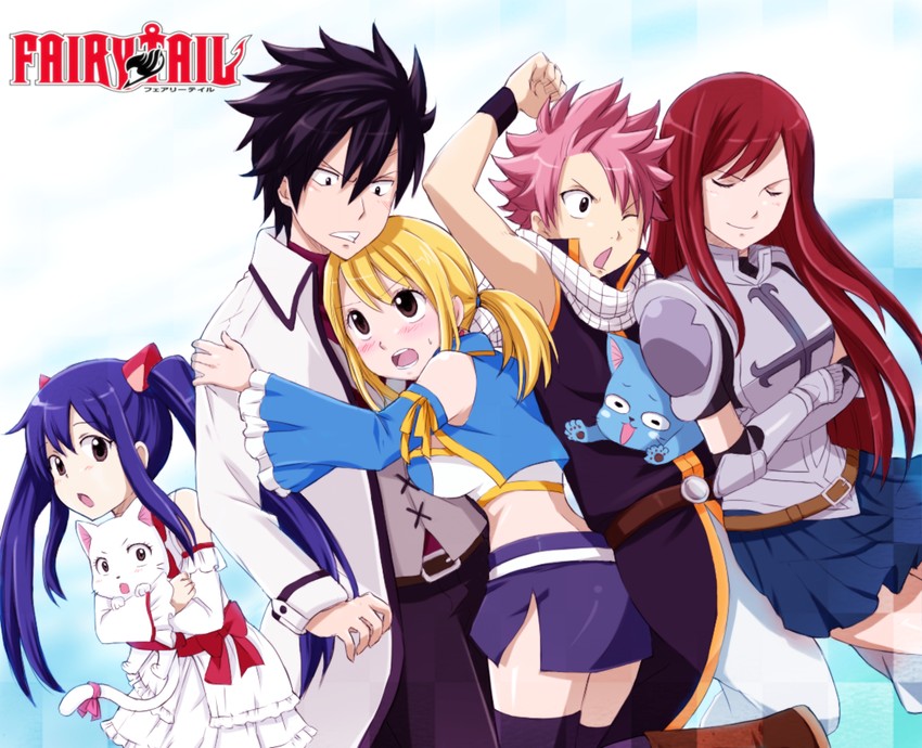 lucy heartfilia, erza scarlet, natsu dragneel, wendy marvell, gray fullbuster, and 2 more (fairy tail) drawn by ami_(wonderland99)
