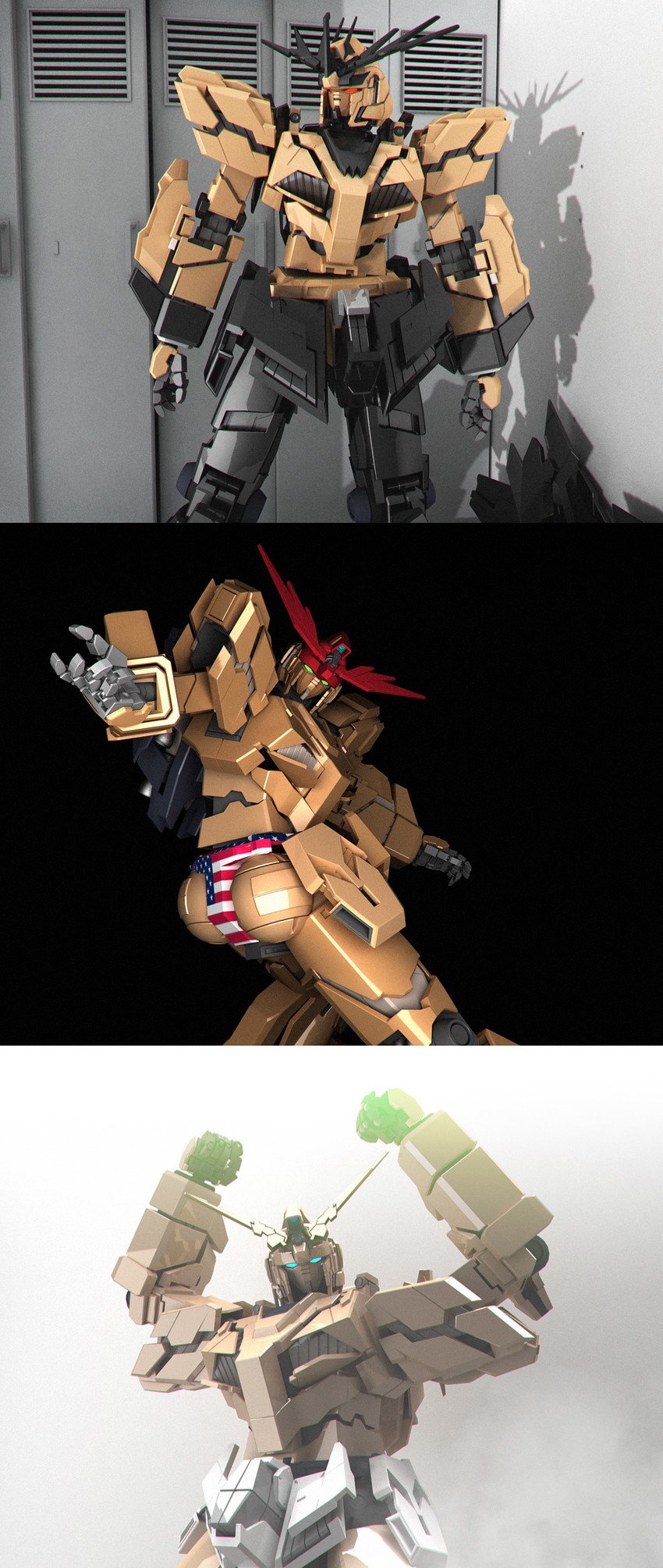unicorn gundam, billy herrington, unicorn gundam banshee, van darkholme, unicorn gundam phenex, and 1 more (gundam and 2 more) drawn by henry1025