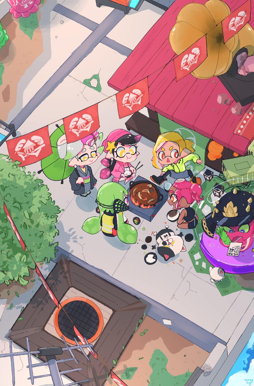 inkling player character, inkling girl, octoling player character, inkling boy, agent 8, and 6 more (splatoon and 2 more) drawn by honeybvg