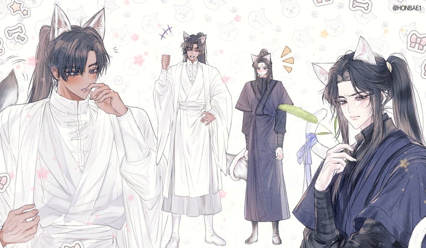 chu wanning and mo ran (erha he ta de bai mao shizun) drawn by honbae