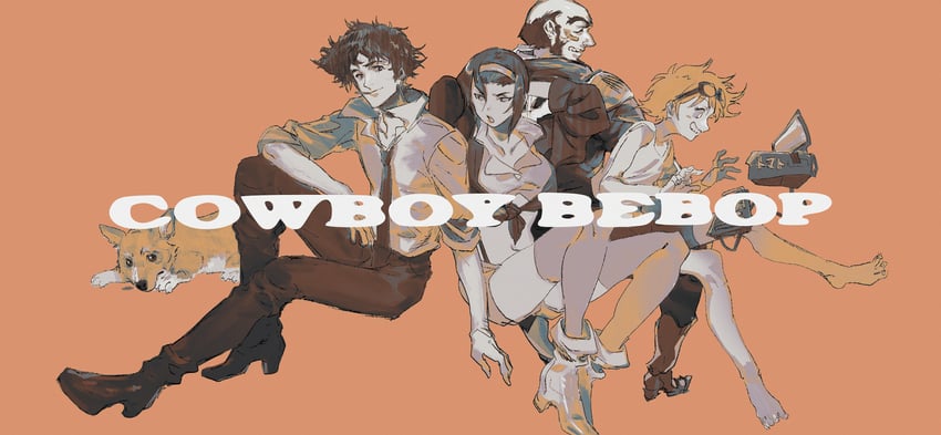 faye valentine, spike spiegel, edward wong hau pepelu tivrusky iv, ein, and jet black (cowboy bebop) drawn by kithul-pani