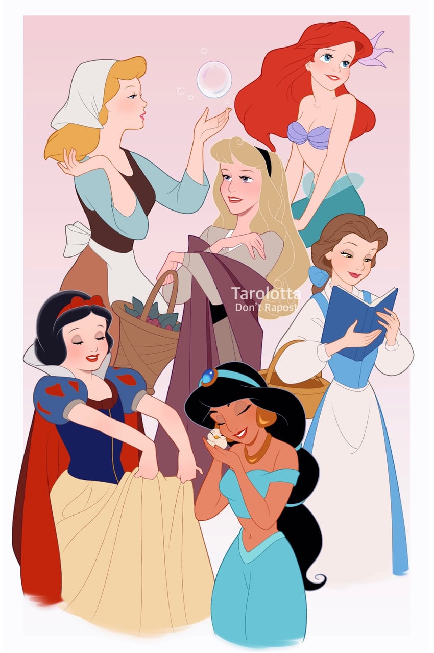 ariel, snow white, jasmine, belle, aurora, and 1 more (disney and 7 more) drawn by tarolotta