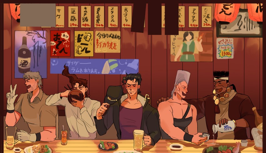 joseph joestar, kujo jotaro, kakyoin noriaki, jean pierre polnareff, and mohammed avdol (jojo no kimyou na bouken and 1 more) drawn by iq230230