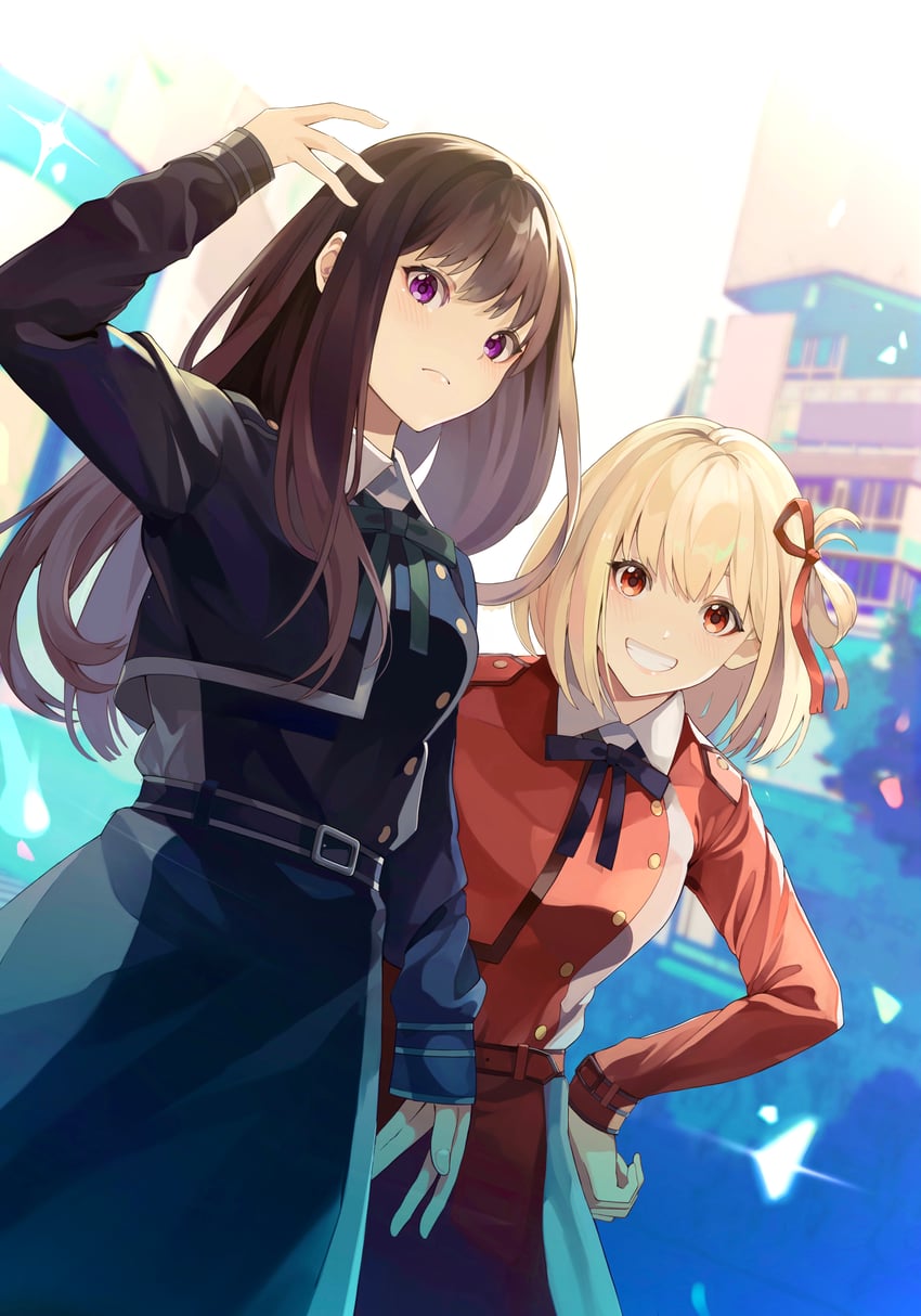 nishikigi chisato and inoue takina (lycoris recoil) drawn by honwakaniwatori