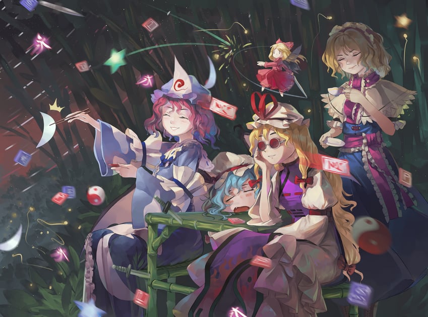 remilia scarlet, alice margatroid, yakumo yukari, saigyouji yuyuko, and hourai doll (touhou and 1 more) drawn by riki6
