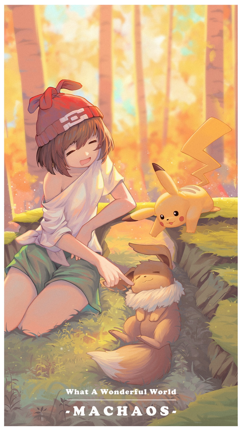 pikachu, eevee, and selene (pokemon and 1 more) drawn by machaos
