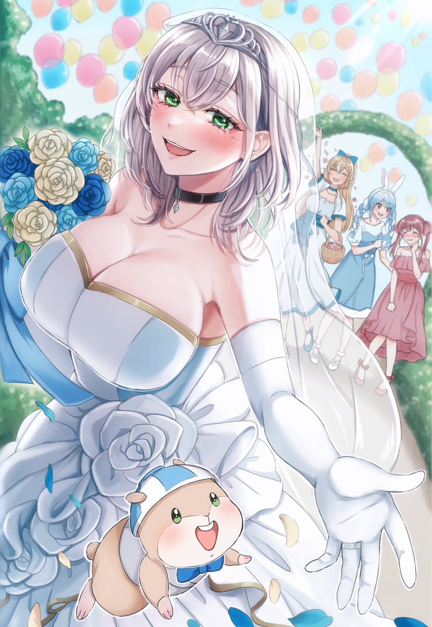 houshou marine, usada pekora, shirogane noel, shiranui flare, and dan'in-san (hololive) drawn by hitsuk00