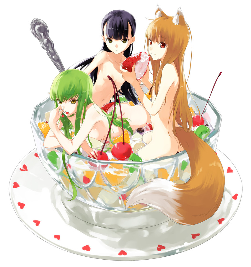 c.c., holo, and sasa kazamori (code geass and 2 more) drawn by kawakami_rokkaku