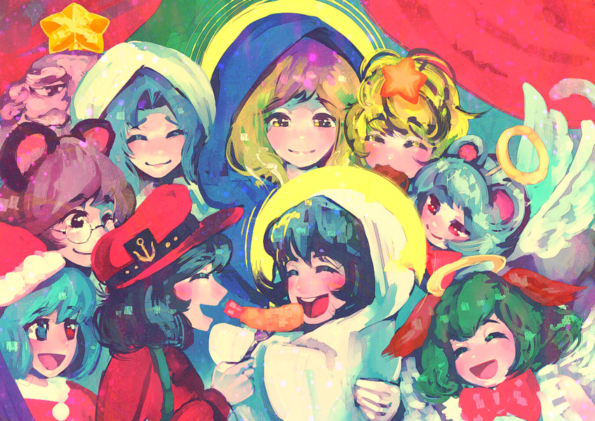 tatara kogasa, nazrin, hijiri byakuren, houjuu nue, toramaru shou, and 5 more (touhou) drawn by hakkasame
