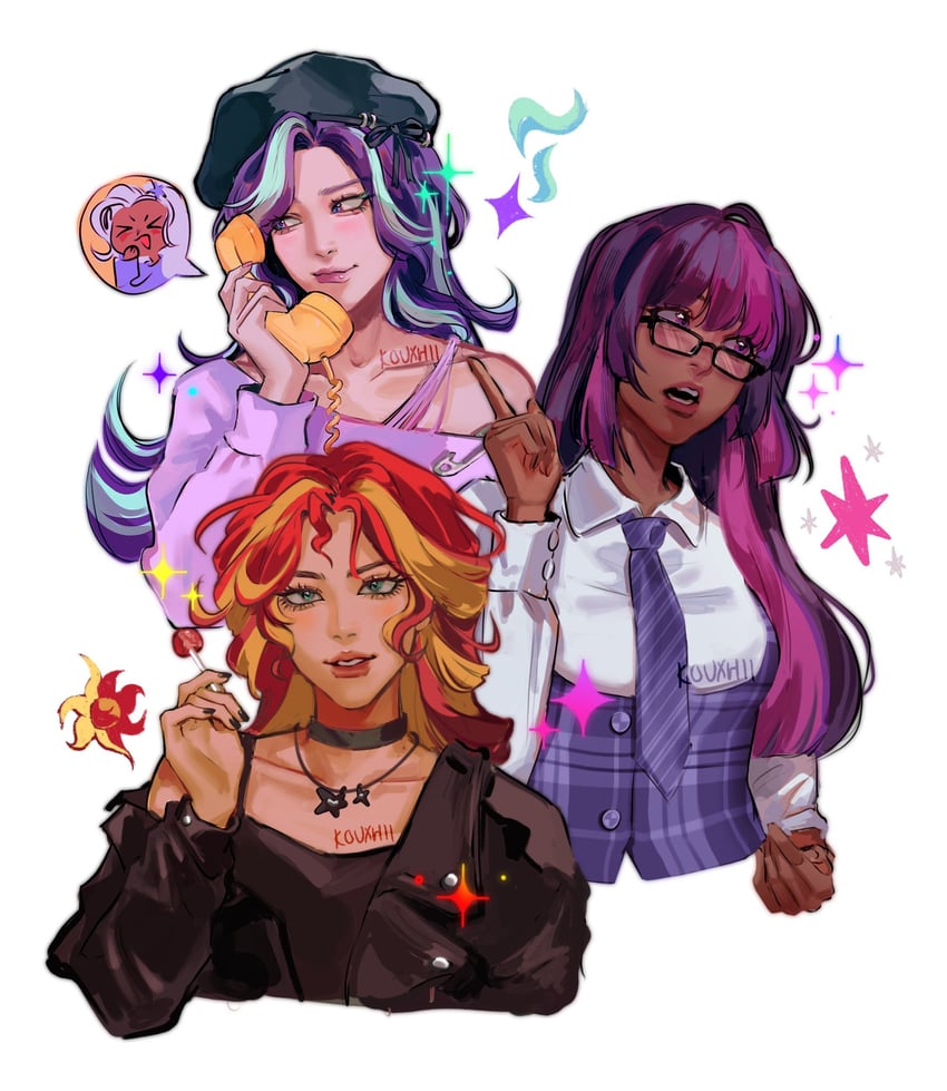 twilight sparkle, sunset shimmer, sci-twi, trixie lulamoon, and starlight glimmer (my little pony and 2 more) drawn by kouxhii