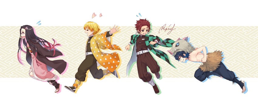 kamado nezuko, kamado tanjirou, agatsuma zenitsu, and hashibira inosuke (kimetsu no yaiba) drawn by rupinesu