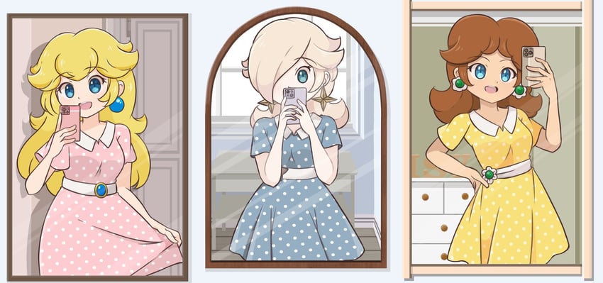 princess peach, rosalina, and princess daisy (mario) drawn by chocomiru