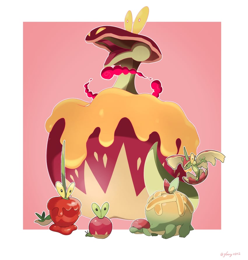 applin, dipplin, appletun, flapple, and gigantamax flapple/appletun (pokemon) drawn by glassy0302