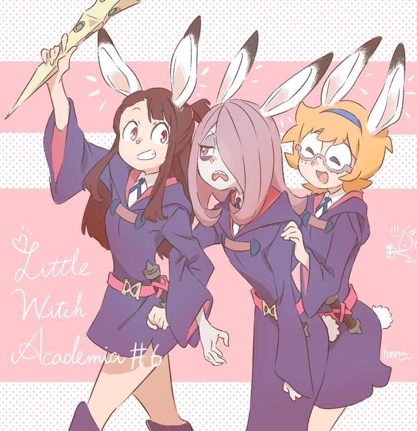 kagari atsuko, sucy manbavaran, and lotte jansson (little witch academia) drawn by hmng