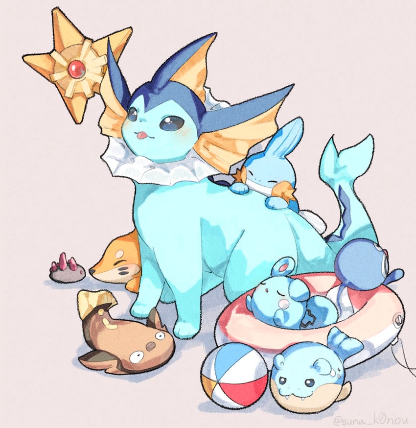vaporeon, mudkip, staryu, pyukumuku, poliwag, and 4 more (pokemon) drawn by suna_k0nbu