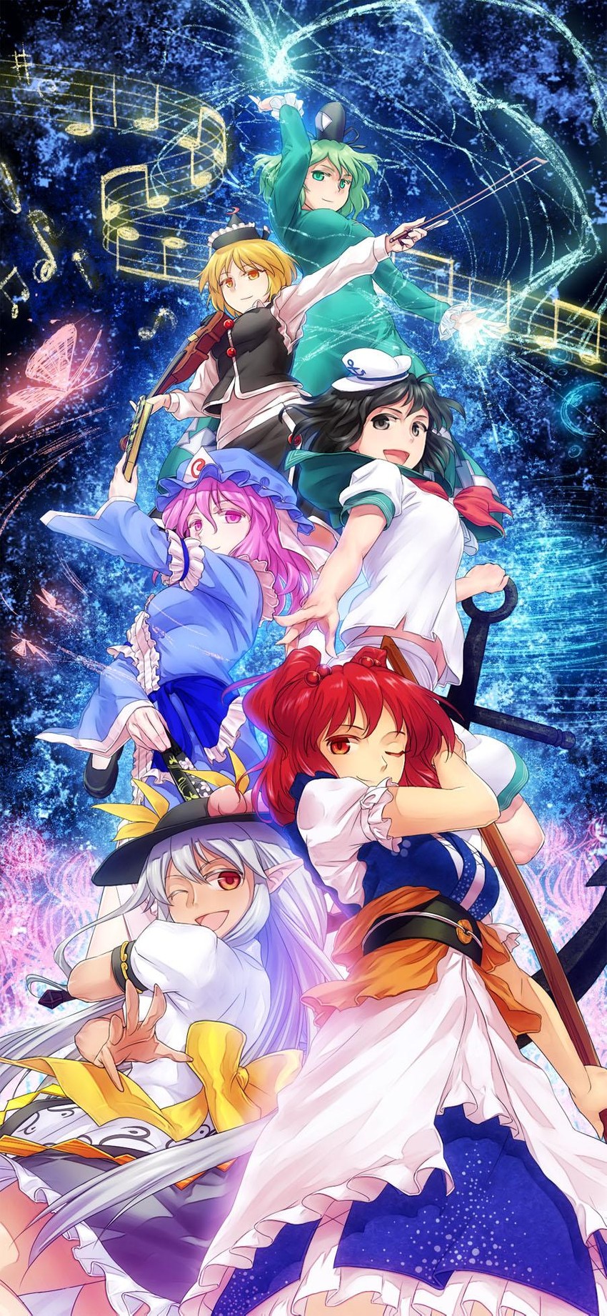 saigyouji yuyuko, hinanawi tenshi, onozuka komachi, murasa minamitsu, soga no tojiko, and 2 more (touhou) drawn by shinburu