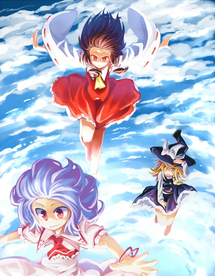 hakurei reimu, kirisame marisa, and remilia scarlet (touhou) drawn by hitsuji_bako