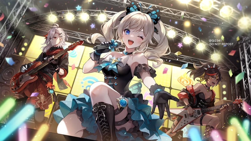 kaedehara kazuha, barbara, and xinyan (genshin impact) drawn by qi2341
