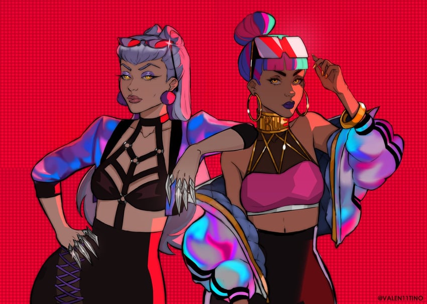 evelynn, k/da all out evelynn, qiyana, and true damage qiyana (league of legends) drawn by valen11tino
