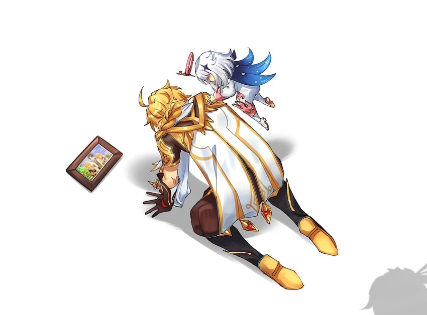lumine, aether, and paimon (genshin impact) drawn by yuka_(pixiv38407039)