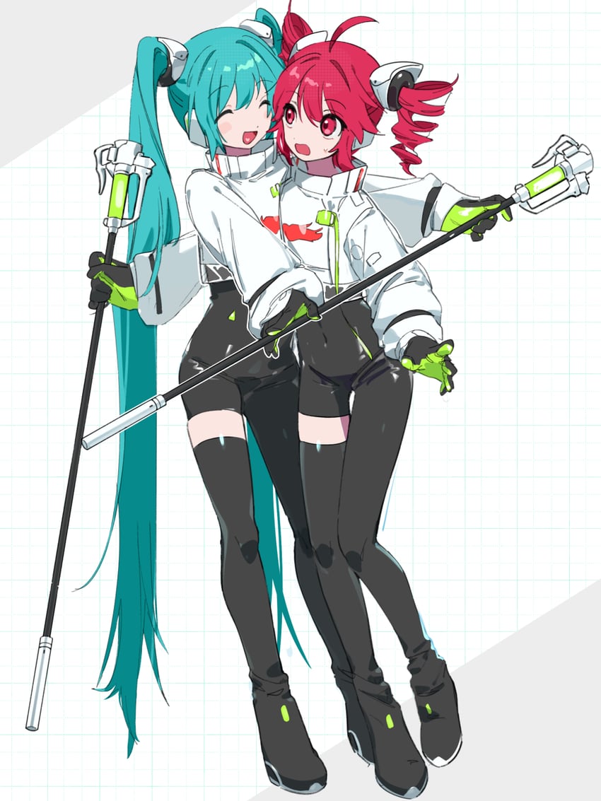 hatsune miku, kasane teto, and racing miku (vocaloid and 2 more) drawn by michia_(bourgognepony)