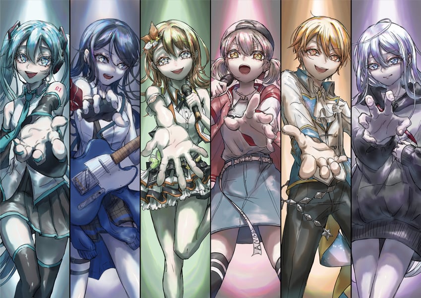 hatsune miku, yoisaki kanade, tenma tsukasa, azusawa kohane, hanasato minori, and 1 more (vocaloid and 1 more) drawn by tagari_6