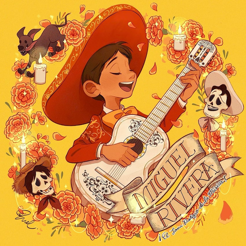 hector rivera, ernesto de la cruz, miguel rivera, and dante (coco) drawn by melchencanto