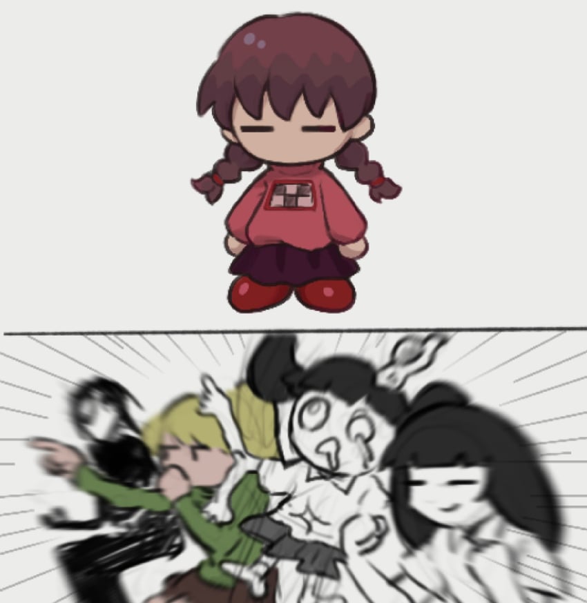 madotsuki, poniko, monoko, monoe, and sekomumasada sensei (yume nikki) drawn by akibevillage