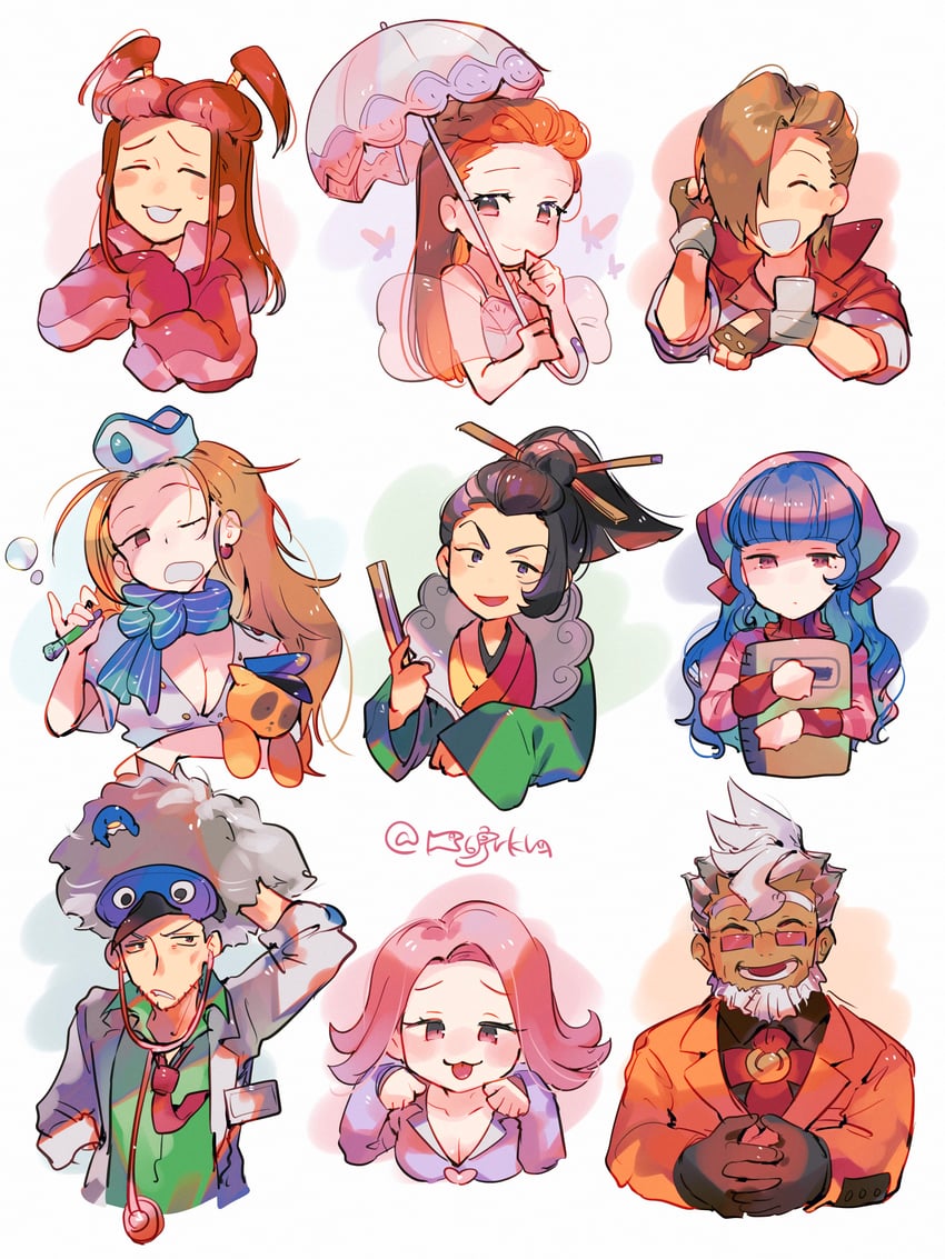dahlia hawthorne, simeon saint, damon gant, uendo toneido, cammy meele, and 5 more (ace attorney and 9 more) drawn by hanaon