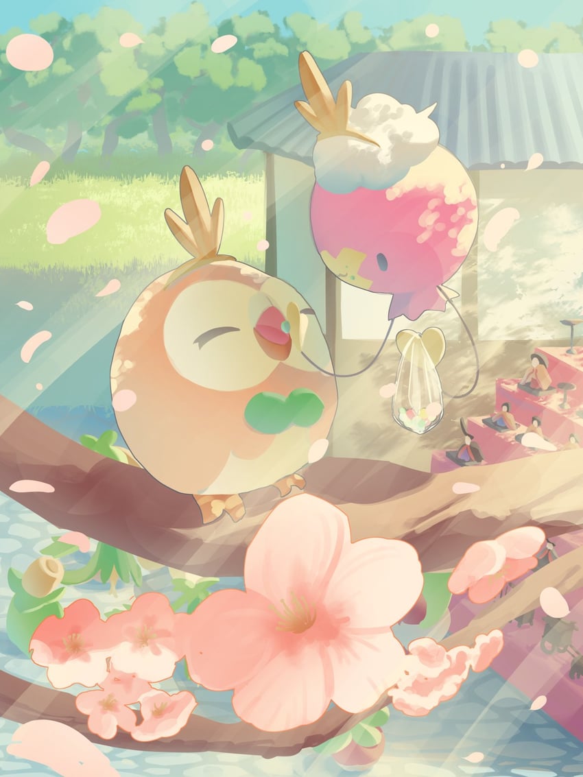 rowlet, drifloon, bounsweet, smoliv, and dolliv (pokemon) drawn by mokukitusui