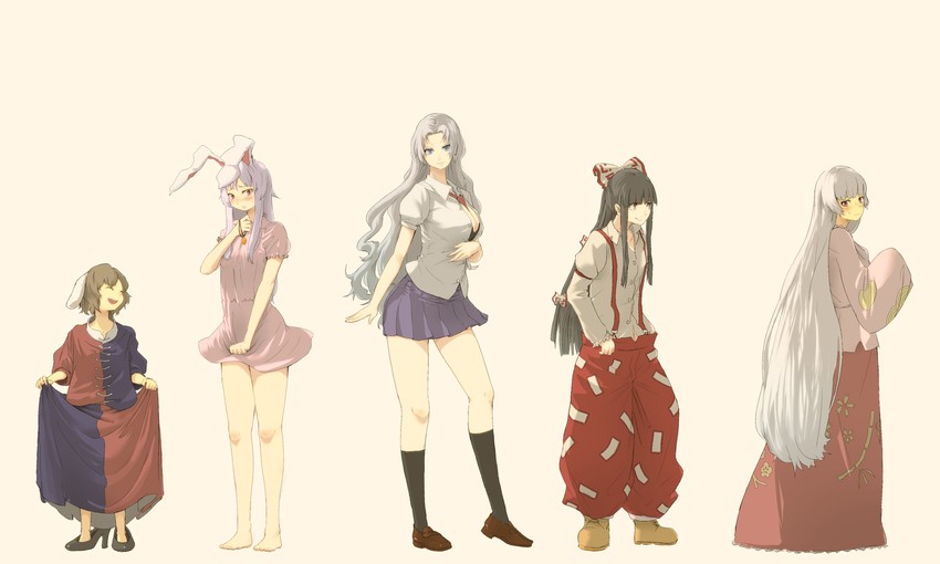 reisen udongein inaba, fujiwara no mokou, houraisan kaguya, inaba tewi, and yagokoro eirin (touhou) drawn by potionu