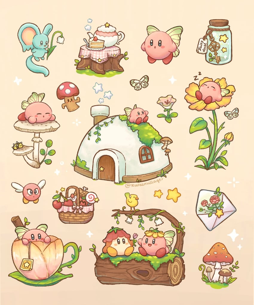 kirby, waddle dee, elfilin, bronto burt, cappy, and 1 more (kirby) drawn by kurain_villager