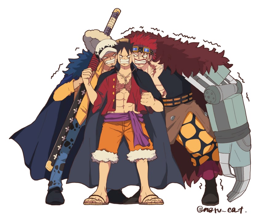 monkey d. luffy, trafalgar law, and eustass kid (one piece) drawn by nenneko_(ngtvcat)