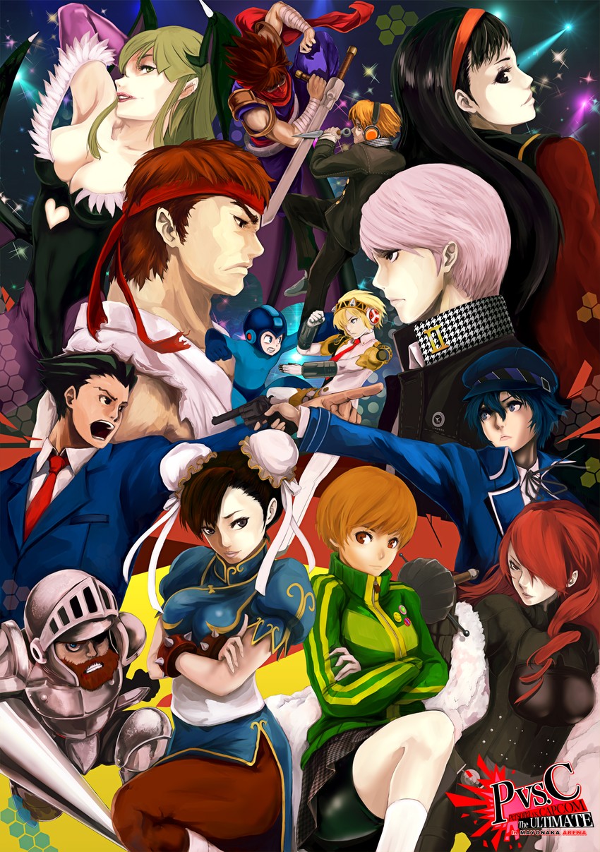 chun-li, morrigan aensland, narukami yu, shirogane naoto, satonaka chie, and 8 more (persona and 10 more) drawn by infinote